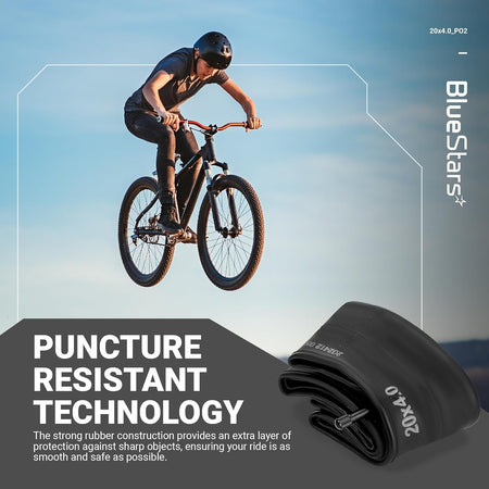 Folded 20" x 4.0" bike inner tube with Schrader valve and puncture-resistant rubber construction.