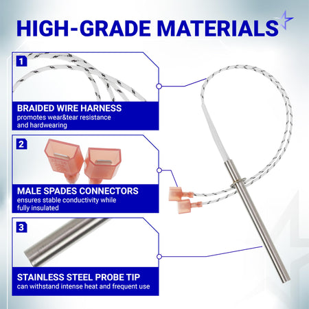 SRV7000-660 igniter replacement showing braided wire harness, male spade connectors, and stainless steel probe tip.