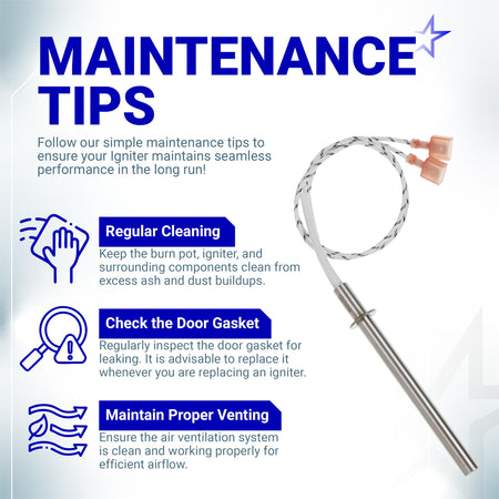 SRV7000-660 igniter replacement maintenance tips infographic showing the heating element and care instructions.