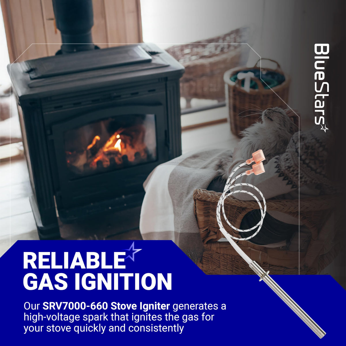 SRV7000-660 stove igniter replacement part with wire leads shown in a lifestyle product graphic.