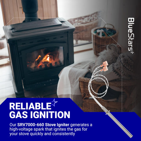 SRV7000-660 stove igniter replacement part with wire leads shown in a lifestyle product graphic.