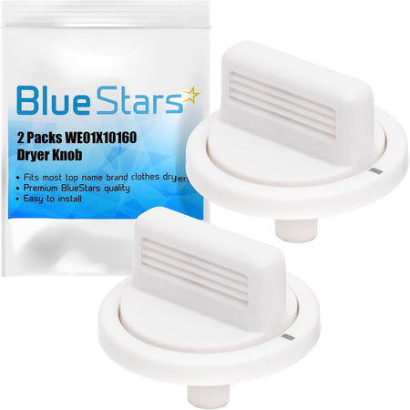 WE01X10160 Timer Knob, two white knobs shown with BlueStars 2-pack packaging