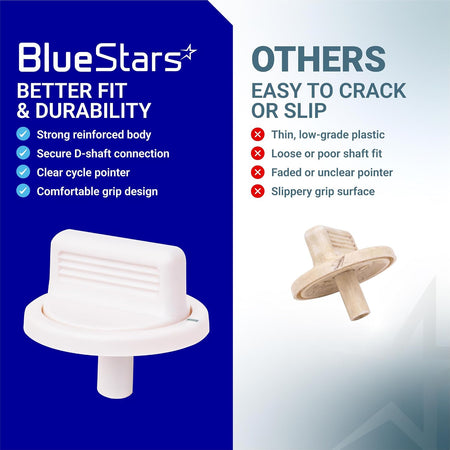 WE01X10160 Timer Knob comparison graphic showing BlueStars knob versus cracked or slipping alternatives