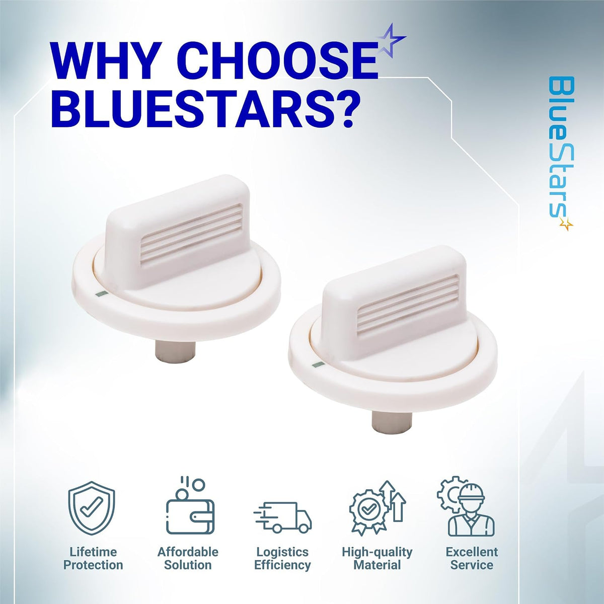 WE01X10160 Timer Knob, two white knobs shown in a BlueStars promotional graphic