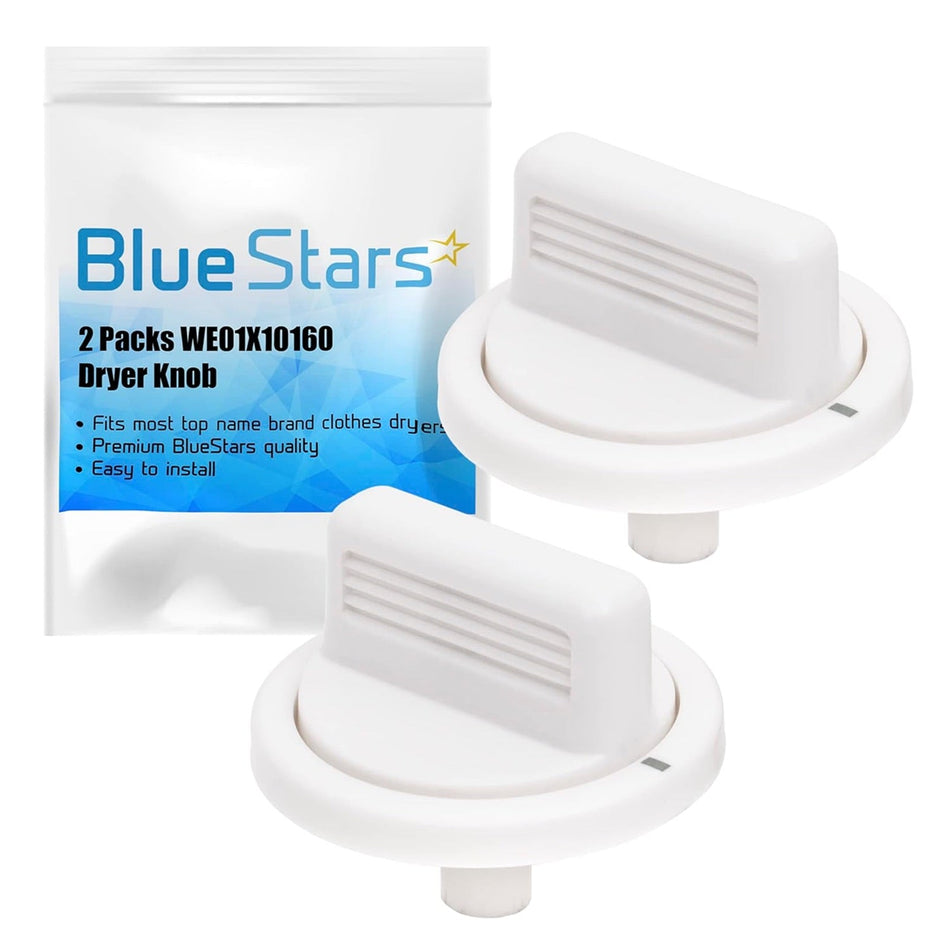 Two white WE01X10160 replacement timer knobs for GE dryers in Blue Stars branded packaging.