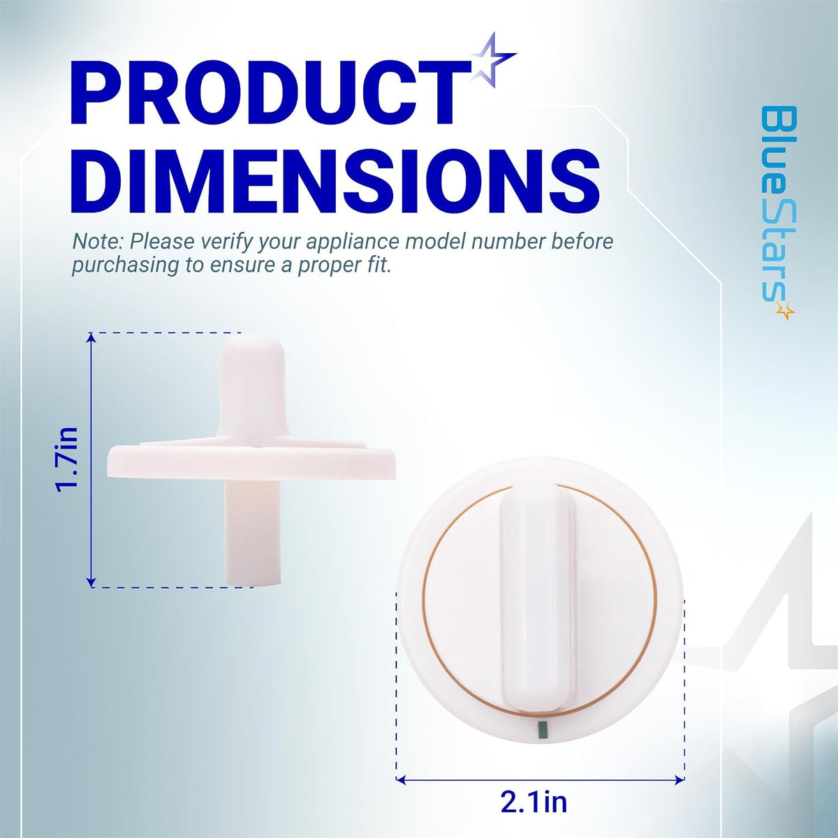 WE01X10160 Timer Knob product dimensions diagram showing 1.7in height and 2.1in width