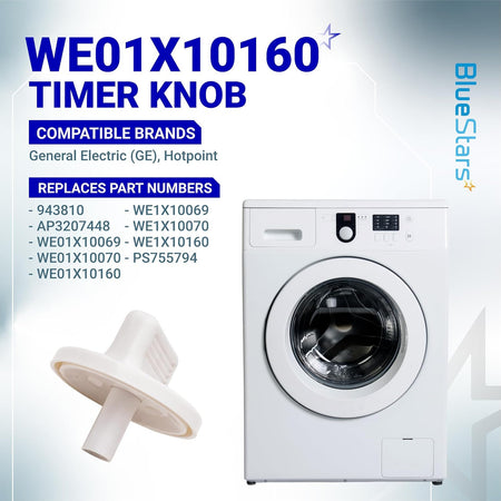 WE01X10160 Timer Knob product graphic showing the knob beside a front-load washer, with brand and replacement numbers text