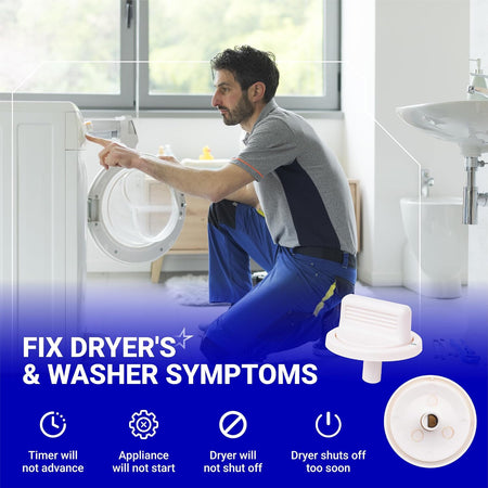WE01X10160 Timer Knob – repairman servicing a washer and dryer, with knob images and listed dryer symptoms