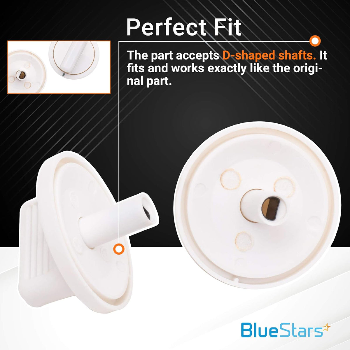 WE01X10160 timer knob showing D-shaped shaft compatibility for GE washers and dryers.