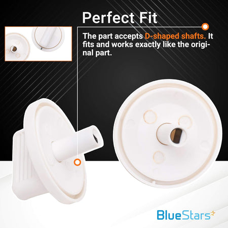 WE01X10160 timer knob showing D-shaped shaft compatibility for GE washers and dryers.