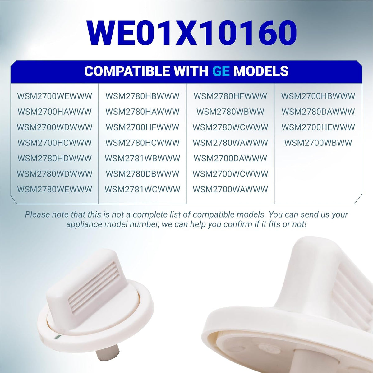 WE01X10160 Timer Knob showing a GE model compatibility chart and two views of the white knob