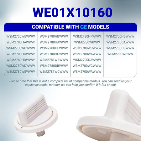 WE01X10160 Timer Knob showing a GE model compatibility chart and two views of the white knob