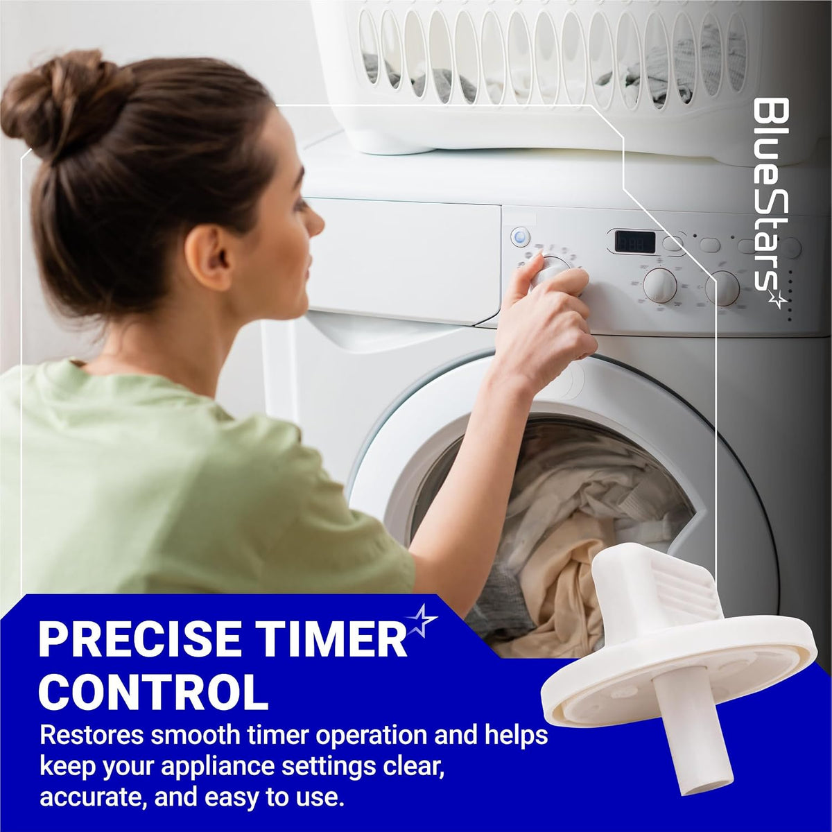 WE01X10160 Timer Knob promotional graphic showing a woman operating a washer and a close-up of the knob