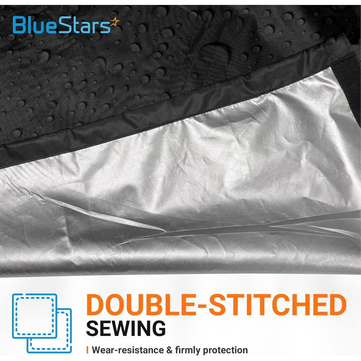 Close-up of waterproof black and silver fabric on a central air conditioner cover with double-stitched sewing.