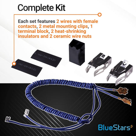 WB17T10006 range surface burner terminal block kit components including wires, mounting clips, and insulators.