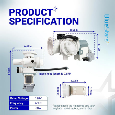 DC97-20621A/DC97-20621C Washer Drain Pump Assembly, product specification diagram with dimensions and 120V, 60Hz, 80W ratings