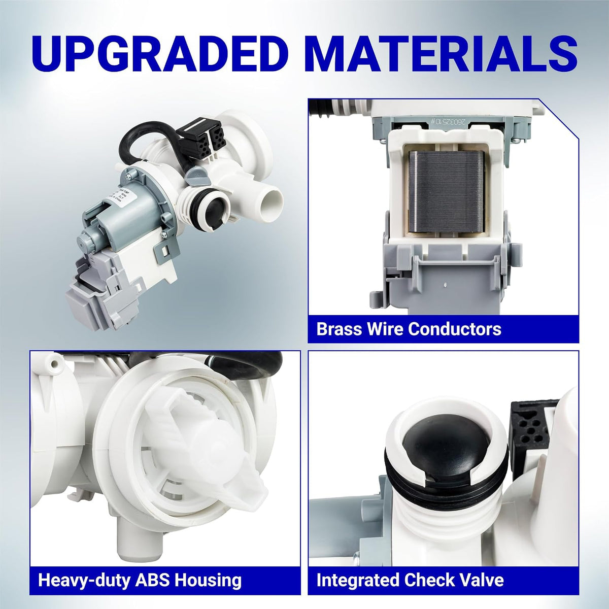 DC97-20621A DC97-20621C Washer Drain Pump Assembly showing upgraded materials, brass wire conductors, ABS housing and check v