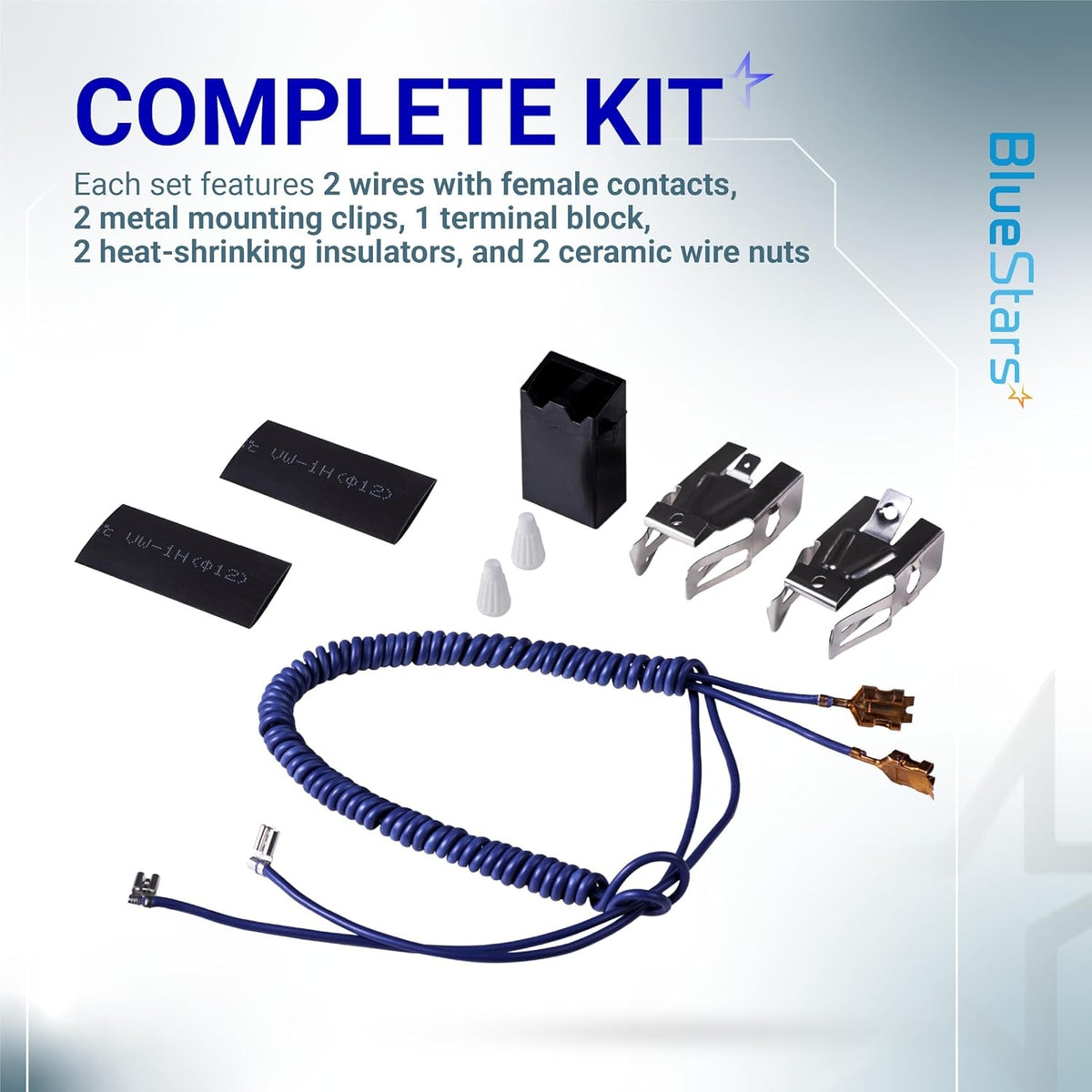 WB17T10006 range terminal block kit including wires, metal mounting clips, heat-shrinking insulators, and ceramic wire nuts.