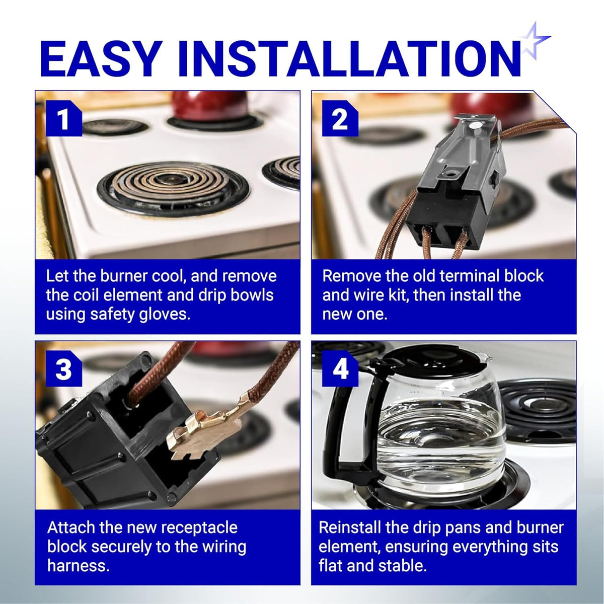 Four-step installation guide for WB17T10006 range terminal block kit showing burner and wiring replacement process.
