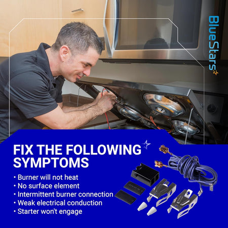 Technician repairing a range with WB17T10006 terminal block kit components shown on a blue background.