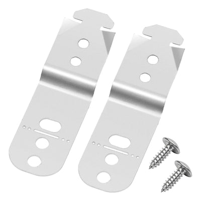 Two metal dishwasher countertop mounting brackets and two screws for Bosch dishwashers.