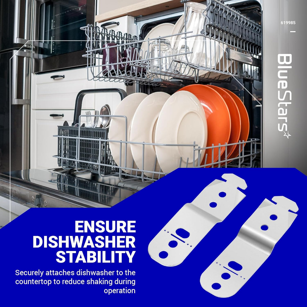 Set of two 619985 dishwasher countertop mounting brackets for Bosch dishwashers.