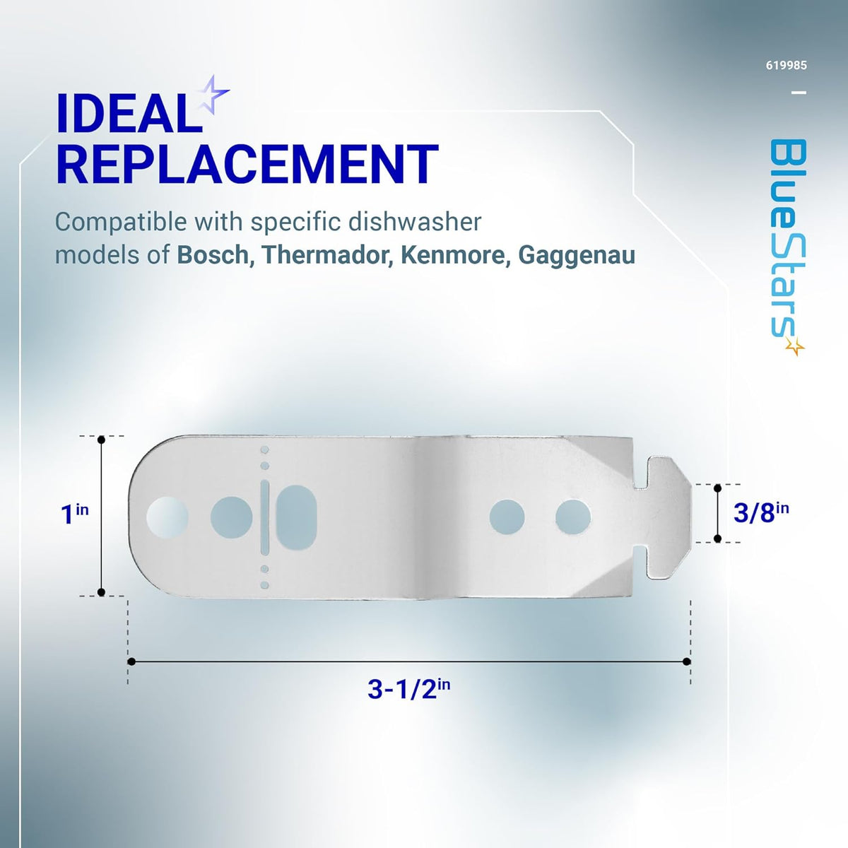 Dimensional diagram of 619985 dishwasher countertop mounting bracket compatible with Bosch dishwashers.