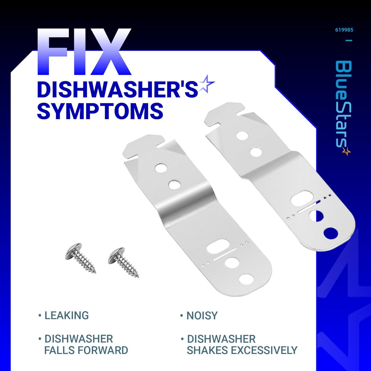 Two metal dishwasher countertop mounting brackets and two screws for Bosch dishwashers.