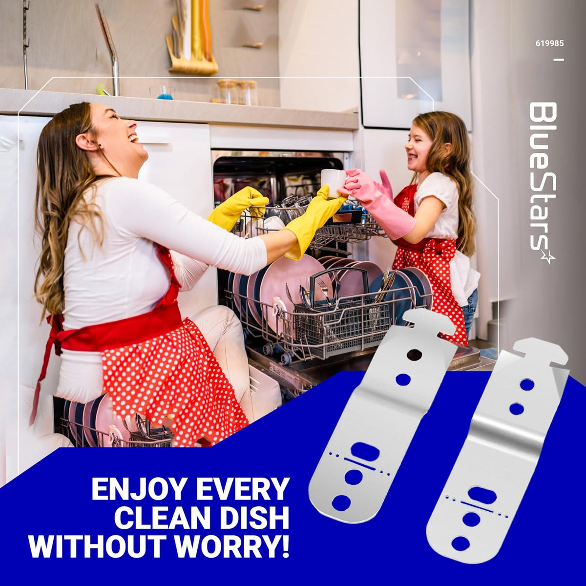 Two metal dishwasher countertop mounting brackets for Bosch dishwashers.