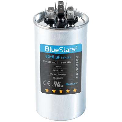 35+5 uF 370/440 VAC round dual run air conditioner capacitor with terminal connectors.