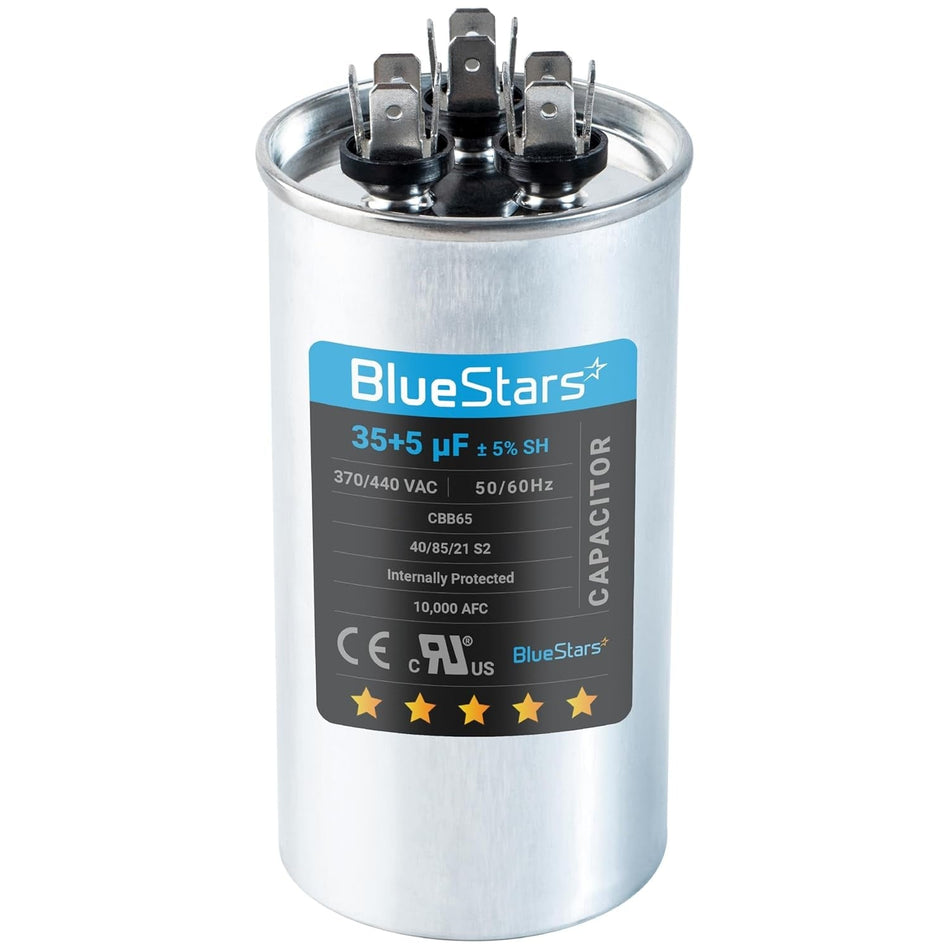 35+5 uF 370/440 VAC round dual run air conditioner capacitor with terminal connectors.