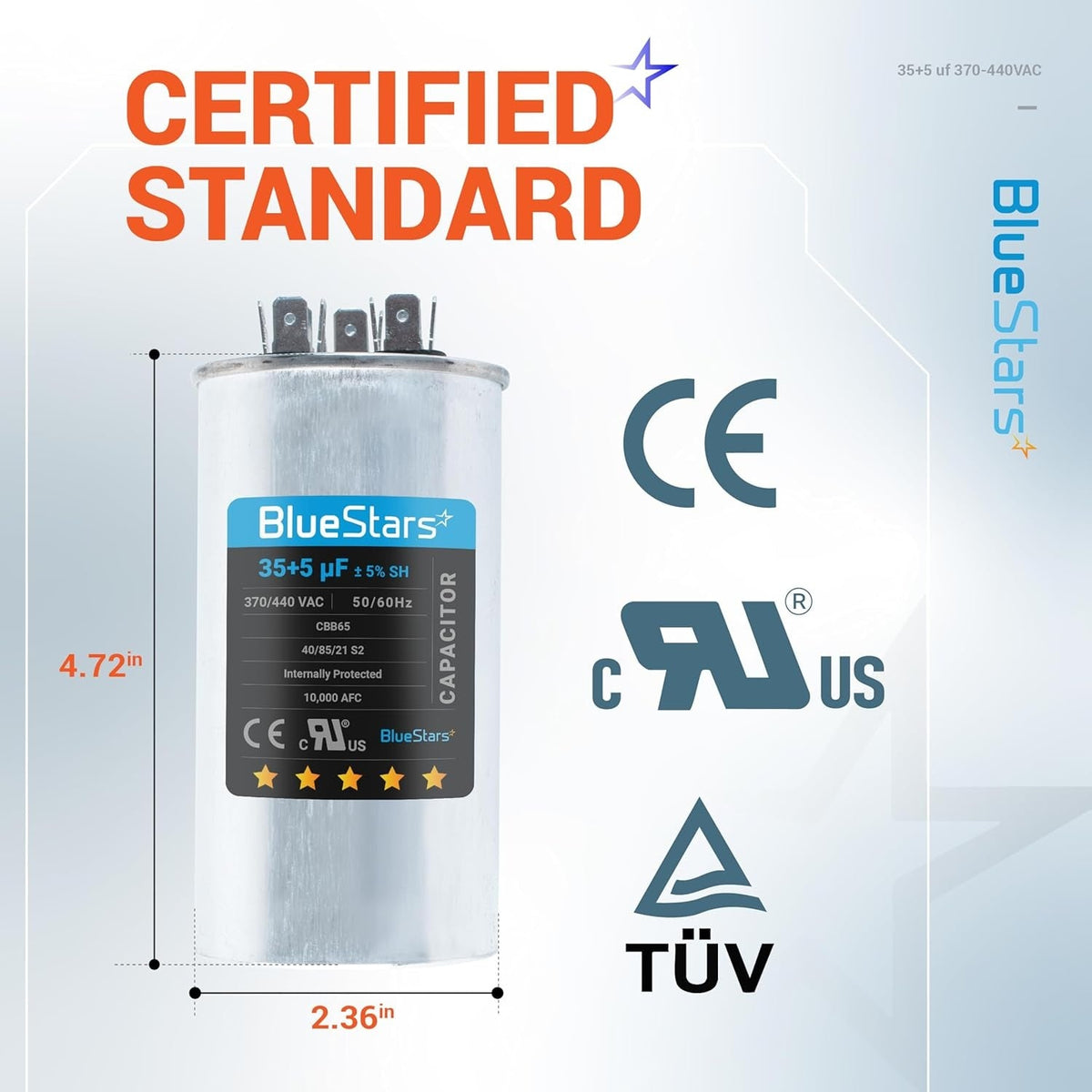 35+5 uF 370/440 VAC dual run round air conditioner capacitor with dimensions and safety certification labels.