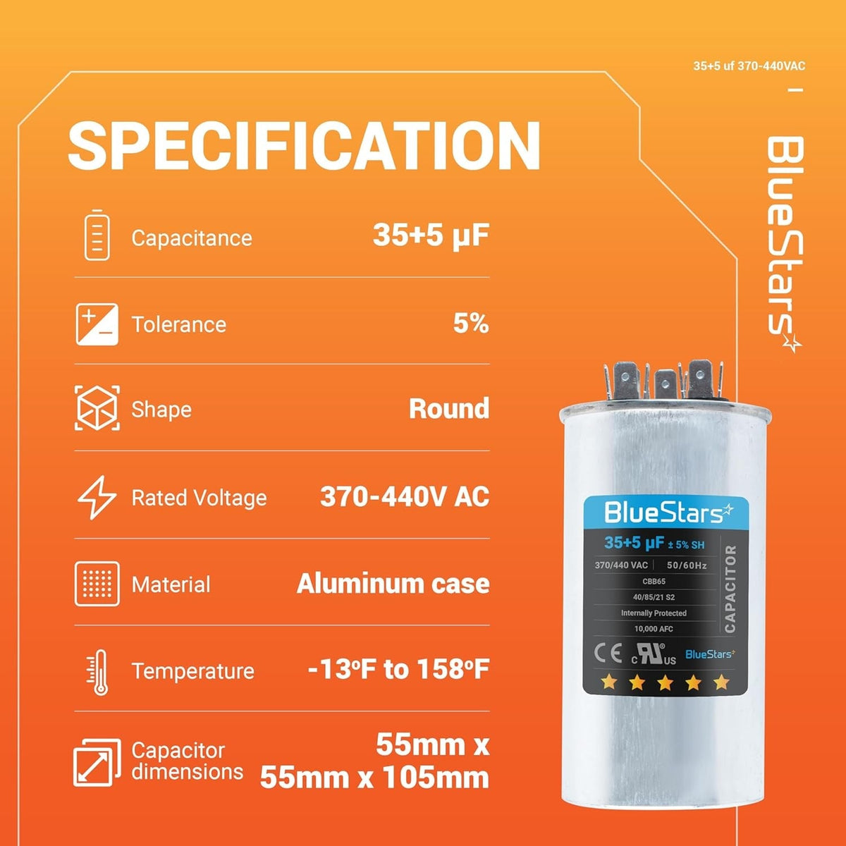 Technical specification chart for 35+5 uF 370/440 VAC dual run round air conditioner capacitor.