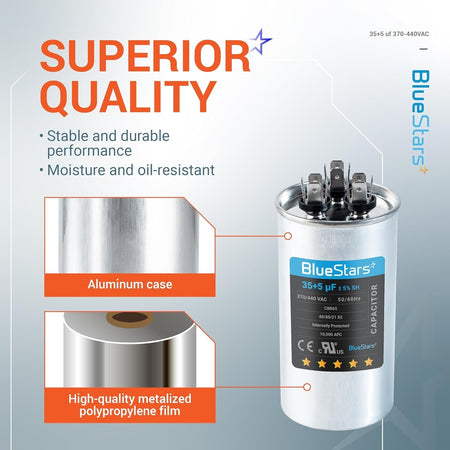 BlueStars 35+5 uF 370/440 VAC dual run round AC capacitor showing aluminum case and metalized film construction.
