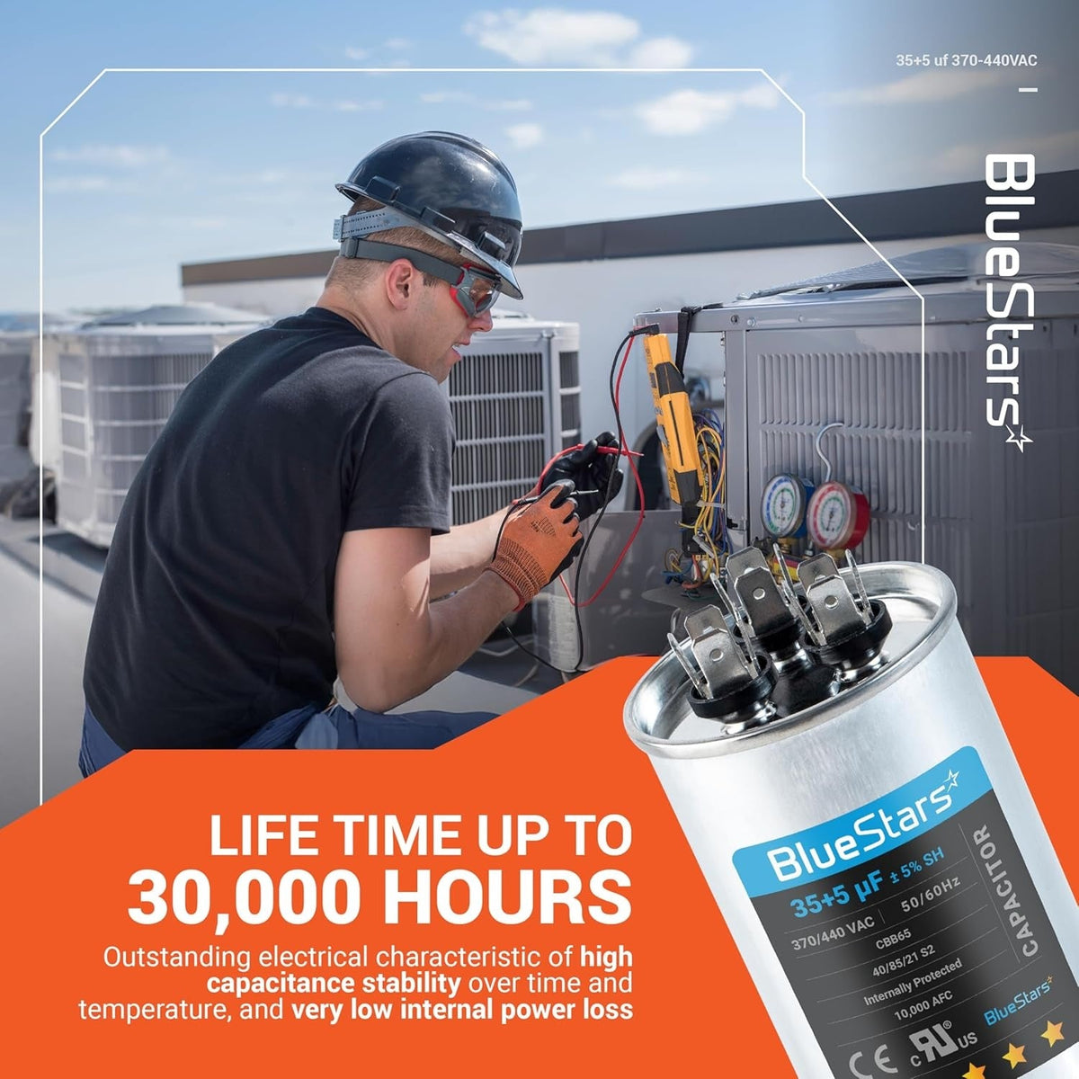 35+5 uF 370/440 VAC dual run round AC capacitor with technician performing maintenance on an air conditioner unit.