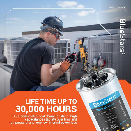35+5 uF 370/440 VAC dual run round AC capacitor with technician performing maintenance on an air conditioner unit.