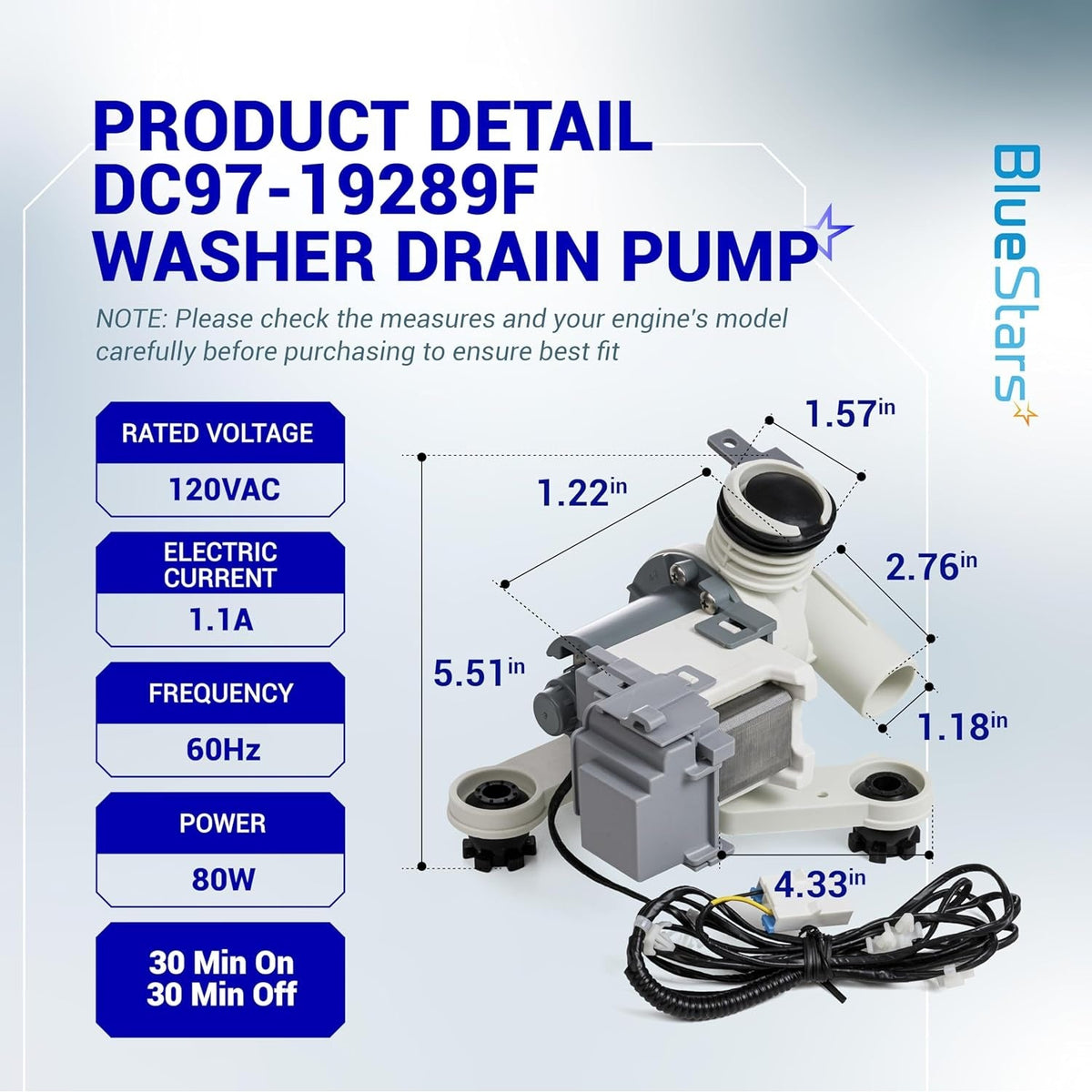 DC97-19289F washer drain pump technical diagram showing dimensions, electrical specifications, and component design.
