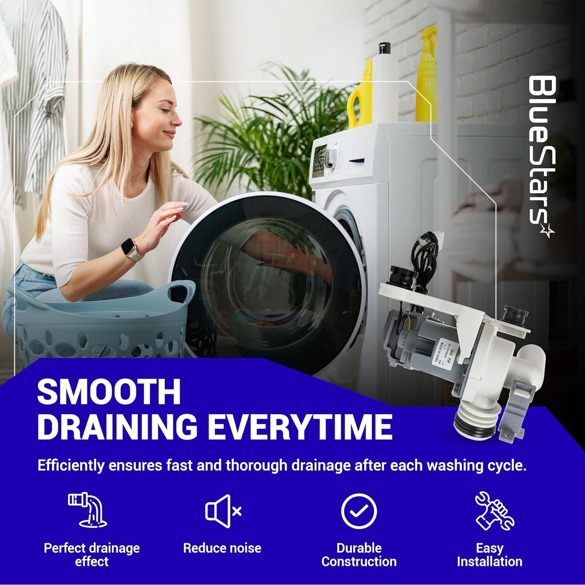 DC97-19289F washer drain pump replacement for Samsung washing machines with promotional feature graphic.