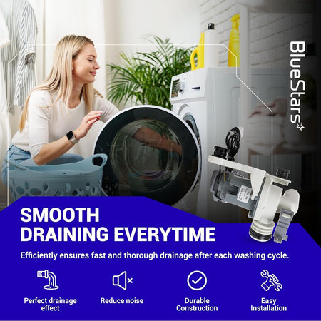 DC97-19289F washer drain pump replacement for Samsung washing machines with promotional feature graphic.