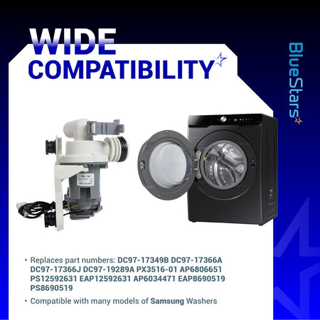 DC97-19289F washer drain pump and compatible Samsung washing machine shown with replacement part numbers.