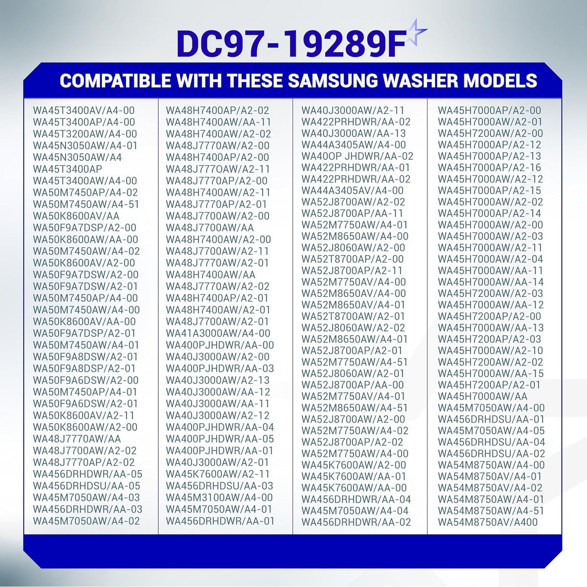 Compatibility chart for DC97-19289F Samsung washer drain pump listing supported model numbers.