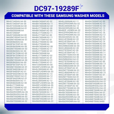 Compatibility chart for DC97-19289F Samsung washer drain pump listing supported model numbers.