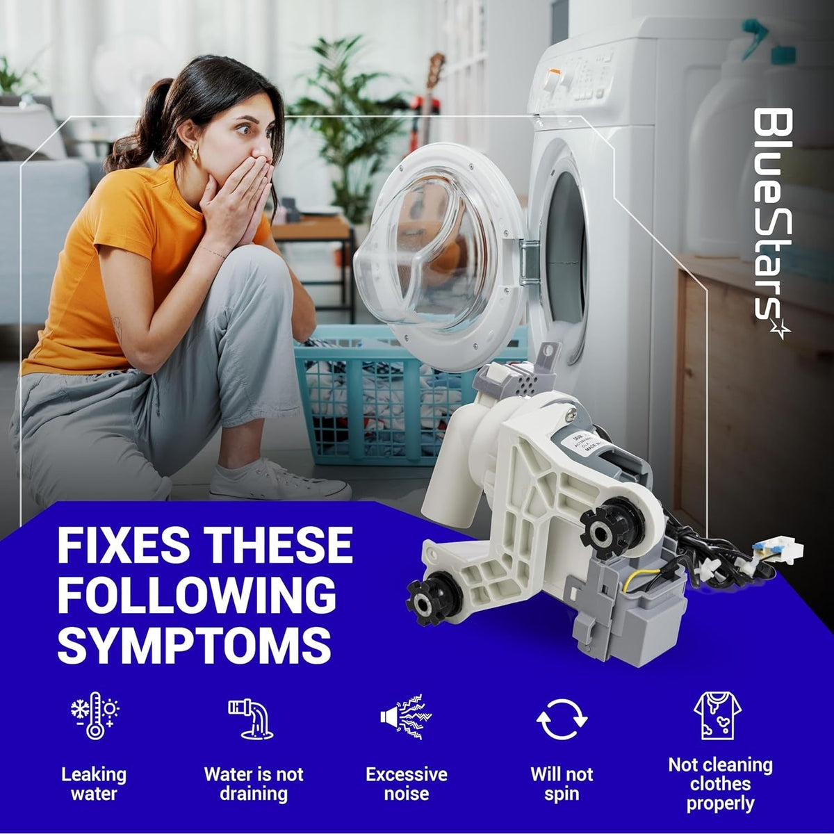 DC97-19289F washer drain pump replacement part shown with symptoms it fixes for Samsung washing machines.