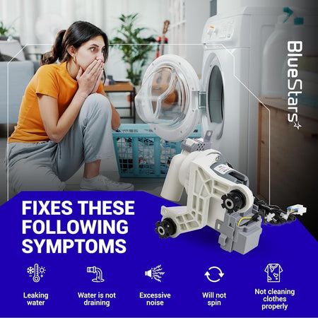DC97-19289F washer drain pump replacement part shown with symptoms it fixes for Samsung washing machines.