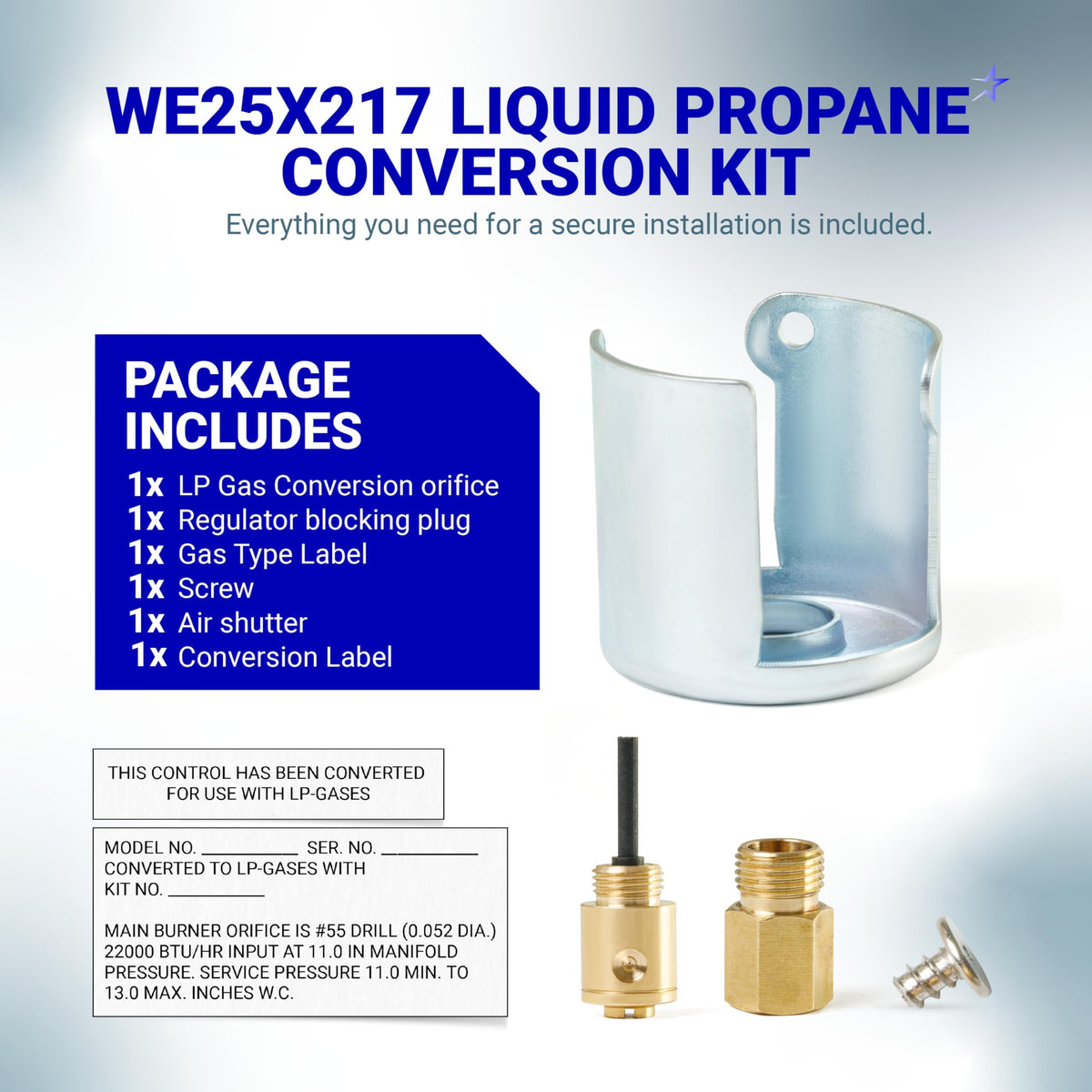WE25X217 liquid propane conversion kit components including air shutter, brass orifices, screw, and conversion labels.