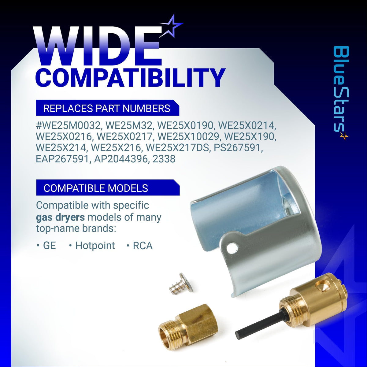 WE25X217 liquid propane conversion kit components for GE, Hotpoint, and RCA gas dryers shown on compatibility graphic.