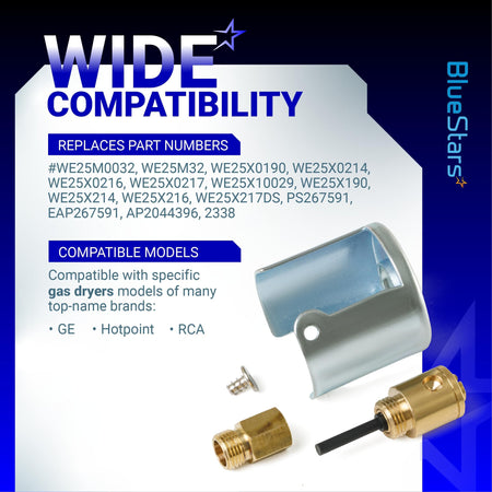 WE25X217 liquid propane conversion kit components for GE, Hotpoint, and RCA gas dryers shown on compatibility graphic.