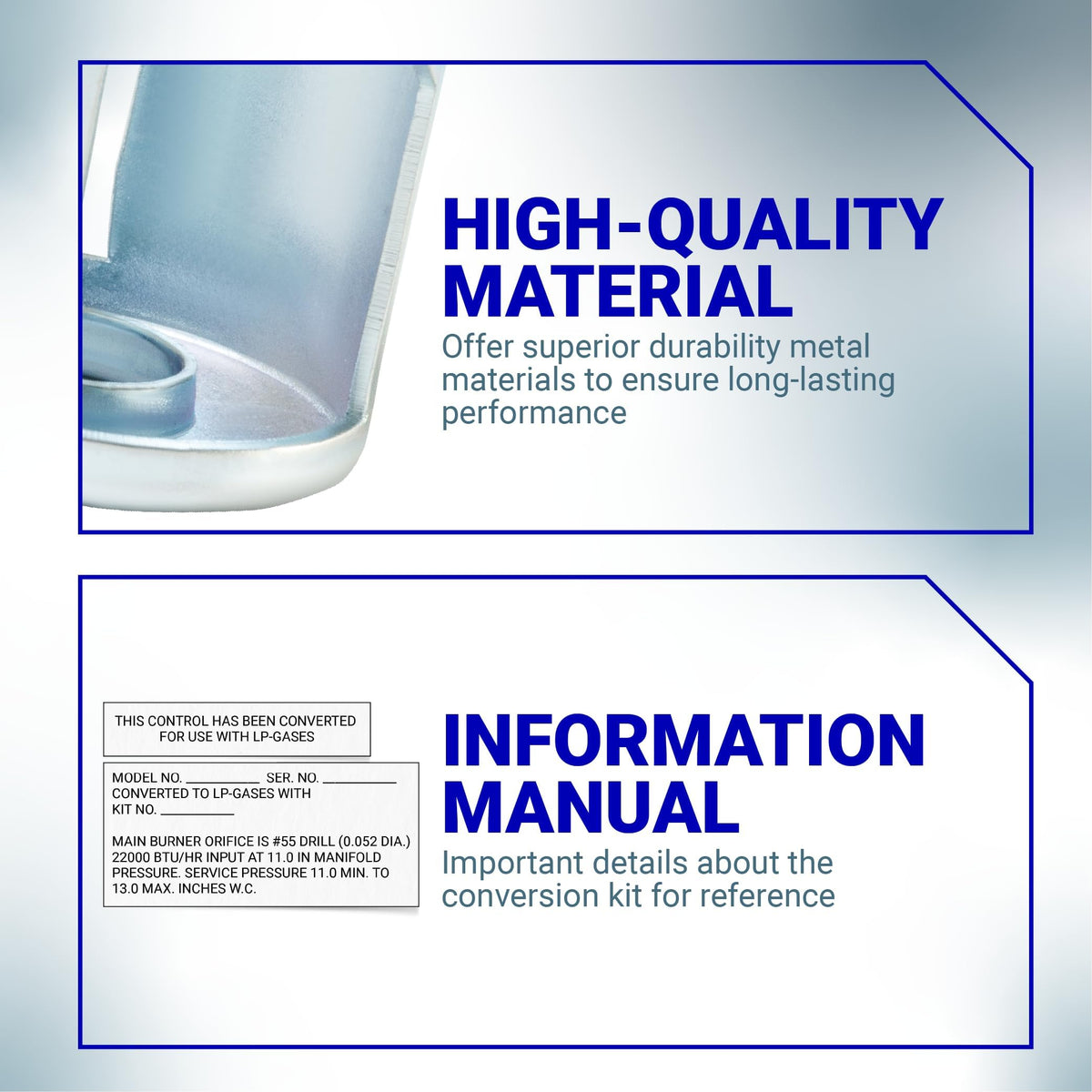 Infographic showing high-quality material and conversion manual details for WE25X217 liquid propane dryer conversion kit.