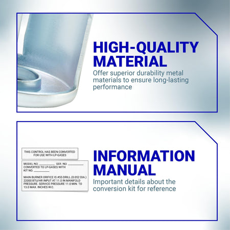Infographic showing high-quality material and conversion manual details for WE25X217 liquid propane dryer conversion kit.