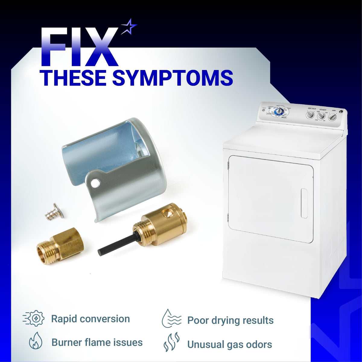 WE25X217 liquid propane conversion kit components for GE gas dryers shown with common dryer repair symptoms.